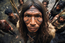 From Above Generative AI Image Of Portrait Of An Older Indigenous Amazonian Man With Tribal Face Paint, Surrounded By Other Tribe Members
