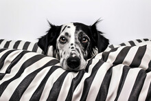 Generative AI Image Of Dalmatian Dog On Black And White Striped Bedding