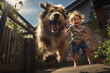 © ADDICTIVE STOCK - Generative AI image of child and domestic dog jumping in joyful