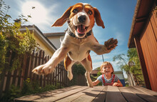 Generative AI Image Of Leaping Beagle And A Smiling Boy In The Garden.