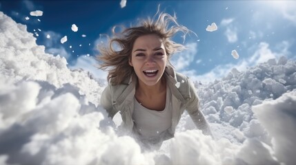 Wall Mural - Woman running from a snow avalanche.