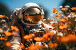 © ADDICTIVE STOCK - Generative AI image of anonymous astronaut in spacesuit and wearing reflecting helmet while standing among blurred flowers in daylight