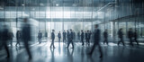 Fototapeta  - The silhouettes of corporate workers in a contemporary office with frosted glass surroundings. Business people walking in a modern office building, out of focus panoramic banner