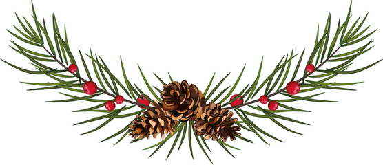 Wall Mural - Christmas decorations plants realistic composition with green tree branches and pine cones vector illustration. Eps 10