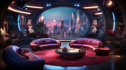 Wall Mural - A futuristic science fiction-themed room with holographic displays, neon lighting, and futuristic furniture