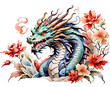 Watercolor illustration of a Chinese dragon with flowers. Happy chinese new year