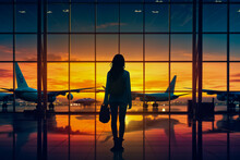 Woman Silhouette Looking To Aircraft In The Airport Hall - Missed Or Cancelled Flight Concept.