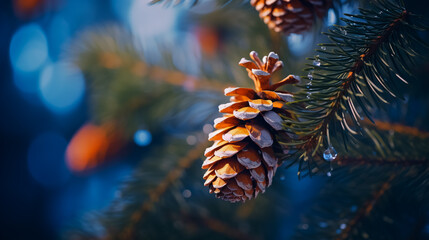 Wall Mural - Beautiful long orange pine cone and branches, close - up macro shot at winter.