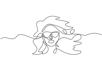 Wall Mural - Stylish one continuous line woman in sunglasses. Fashionable typography girl in minimalist style. Beauty sign. Attractive fashion model. Summer fashion. Human avatar in glasses