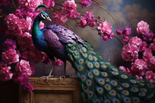 Colorful Peacock On The Background Of Pink Sakura Branches