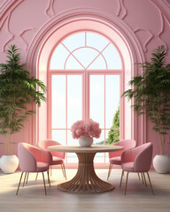 Wall Mural - A very bright and pink room with colored chairs and a table, an arched window and living plants, a fashionable stylish interior