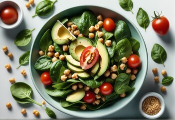 healthy green salad with avocado, tomatoes, spinach and feta cheese in bowl. top view.healthy green salad with avocado, tomatoes, spinach and feta cheese in bowl. top view.green salad with spinach, ch