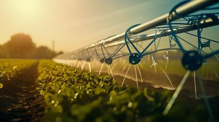 Sticker - Close up of watering system in the field. An irrigation pivot watering a field.