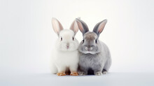 Couple Of Rabbits Sitting Next To Each Other On White Background.
