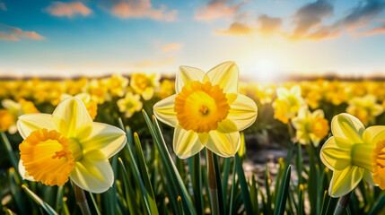 Wall Mural - Daffodils in field blooming spring in Netherlands. Yellow daffodil field. Spring dutch daffodil field as a floral background.