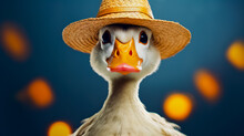 Duck With Straw Hat On It's Head Looking At The Camera.