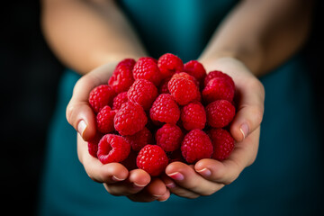 Wall Mural - Female hands with fresh red raspberries. Ripe fresh red raspberries in female hands.