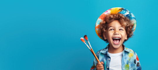 cute kid holding paint brush on blue color background, generative ai