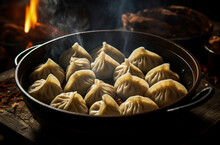 Generative AI Illustration Of Closeup Of Rustic Setting Captures Freshly Steamed Chinese Dumplings Nestled In A Cast Iron Skillet In Blurred Kitchen