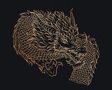 Fototapeta  - Golden silhouette of outline oriental dragon snake on dark blue background. Gothic vintage poster with Asian mythology linear reptile or monster, devil for t-shirts of tattoo