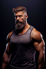 Wall Mural - Portrait of a athletic muscular bearded man posing on a grey background.