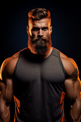 Wall Mural - Portrait of a athletic muscular bearded man posing on a grey background.