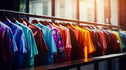 Row of colorful shirts hanging on rack in front of window.