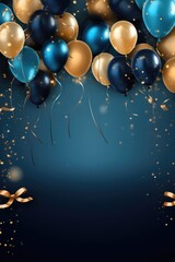 Wall Mural - A bunch of balloons with gold and blue ribbons. Perfect for birthday parties, celebrations, and festive occasions.