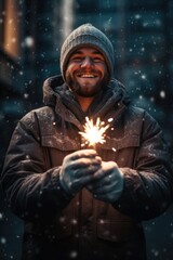 Canvas Print - A man holding a sparkler in his hands. Perfect for celebrating special occasions and adding a touch of magic to your projects.