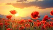 Beautiful nature background with red poppy flowers poppy in the sunset in the field. Remembrance Day, Veterans Day, lest we forget the concept. generative ai