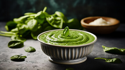 Sticker - Spinach cream soup in bowl on white rustic table. Healthy and delicious food. Photo for the menu. Healthy food concept.