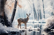 Deer near the river in the forest in winter in the fog