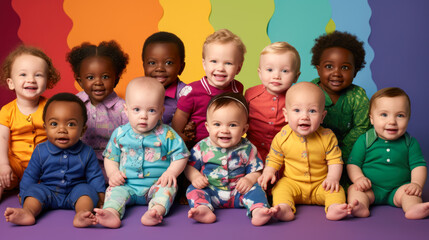  A number of rainbow baby faces in various ethnicity surrounded by a colorful background.
