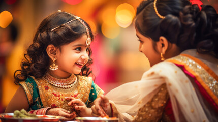 Wall Mural - A indian mother and daughter are eating food together at the indian feast.