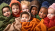 A bunch of babies in various ethnicity surrounded by blankets.