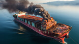 Fototapeta  - A large container ship polluting the ocean with exhaust emissions, illustrating marine transport's impact