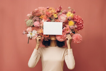 Wall Mural - A girl with a large lush flower bouquet on her head. Free space on the postcard for product placement or advertising text.