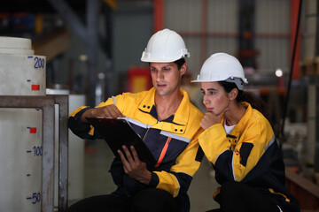 Wall Mural - worker or engineer working in factory with safety uniform , safety hat and safety glasses , image is safety concept or happy workplace