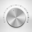 Volume button with metal texture and scale. Music steel chrome knob on light background. Vector illustration