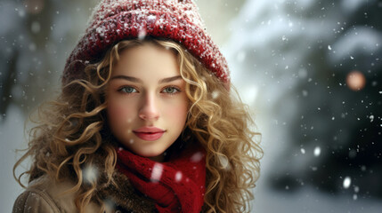 beautiful young woman in winter clothing and an elegant winter hat looking at camera with snowflakes falling on her. Christmas background with copy space for design.