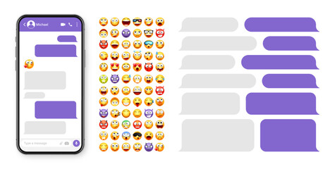 Smartphone messaging app, user interface design with emoji. SMS text frame. Chat screen with violet message bubbles. Texting app for communication. Social media application. Vector illustration