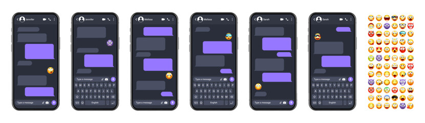 Smartphone messaging app, user interface with emoji. SMS text frame. Chat screen, violet message bubbles. Texting app for communication. Social media application. Dark mode. Vector illustration