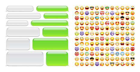 Wall Mural - Blank message bubbles with emoji. Green chat or messenger speech bubble. SMS text frame. Short message sending. Conversation screen. Social media application. Vector illustration