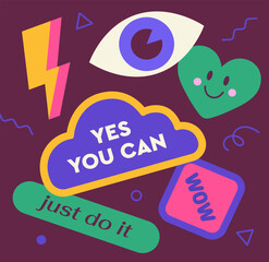 Wall Mural - set of colorful retro stickers. abstract shapes with text. lightning, heart and eye. back to 80s and