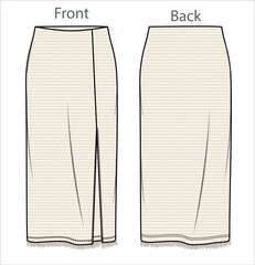 Wall Mural - Vector midi skirt with crochet fabric fashion CAD, woman jersey or woven fabric  maxi skirt with side slit technical drawing, flat, sketch, template, mock up. Front back view, white color