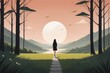 girl with backpack on the lakegirl with backpack on the lake woman walking on the hill with big moon at sunset. beautiful nature landscape. vector illustration