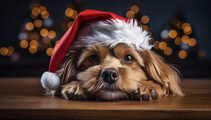 Wall Mural - Smiling puppy dog at christmas with a red Santa claus hat