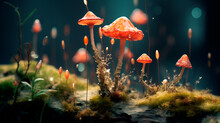 Different Types Of Glowing Mystical Mushrooms, Fantasy Mushroom Forest With Bokeh