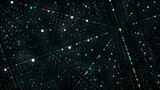Fototapeta Przestrzenne - Abstract dust particles with green light on dark infinity background. Science space backdrop with moving glittering dots. Flying particles with effect bokeh. 3d rendering.