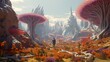 A vast, alien landscape with towering, alien flora and colorful, floating spores.